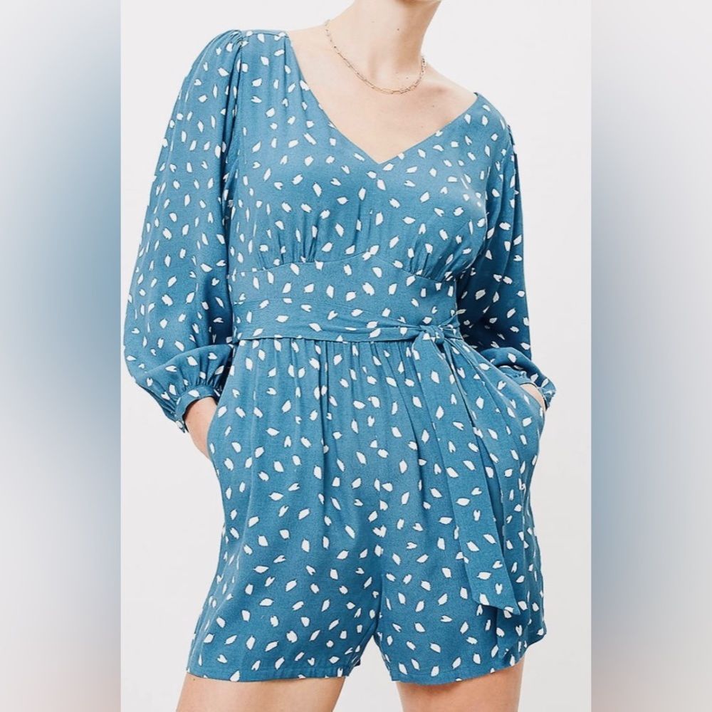 Blue V-Neck Printed Romper with Tie Waist